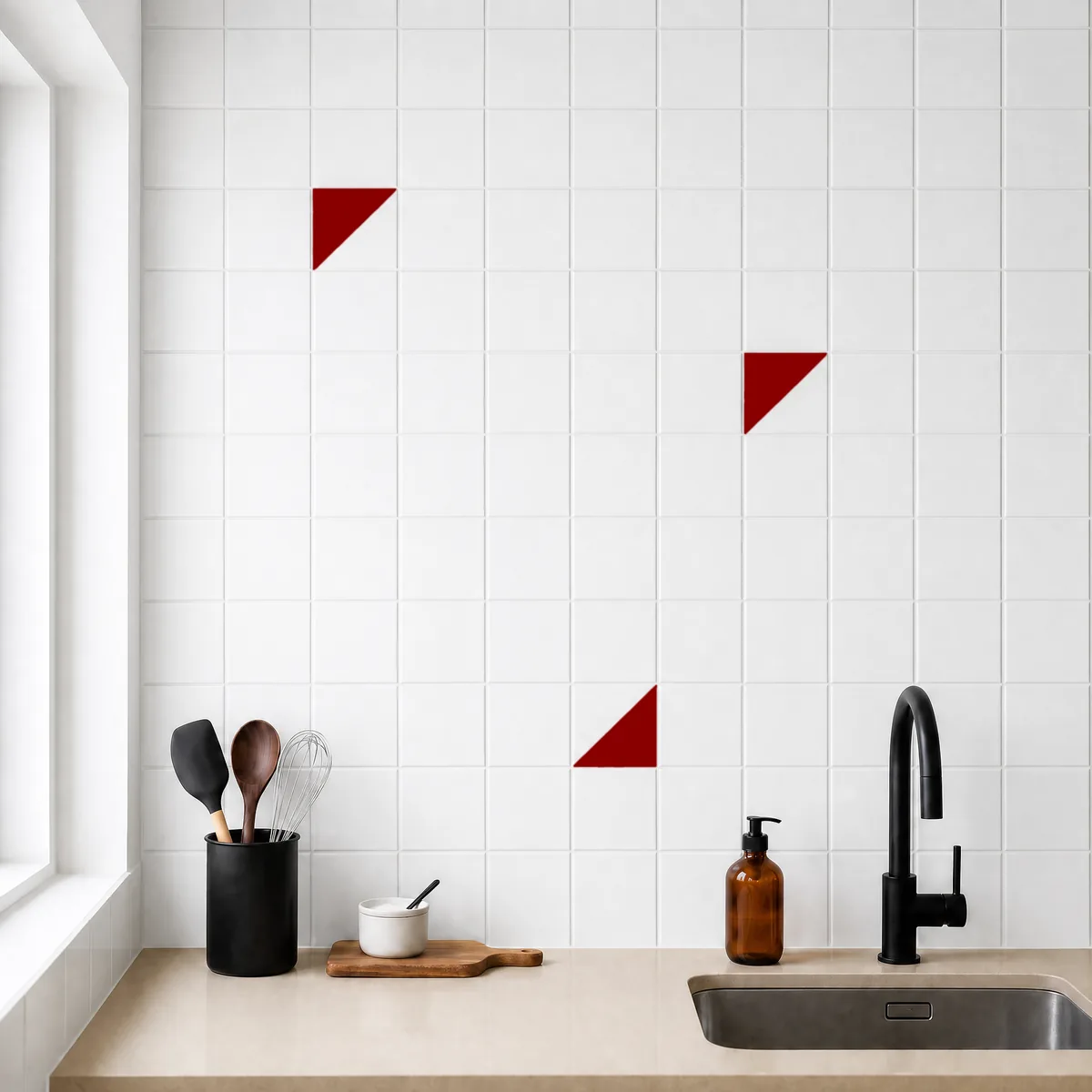 Azulejo Trigone Blanco 10x10 Rojo Brillo salpicado sobre un alicatado liso en una cocina
