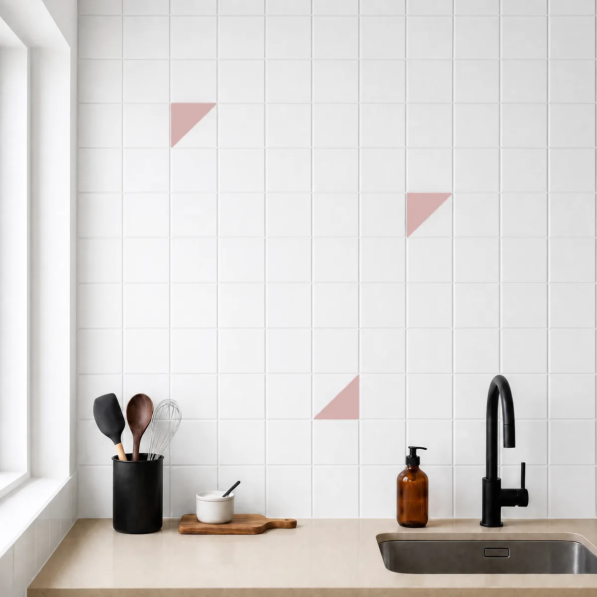 Azulejo Trigone Blanco 10x10 Rosa Brillo salpicado sobre un alicatado liso en una cocina