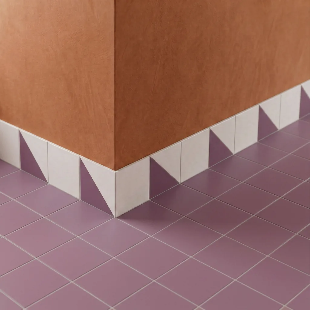 Azulejo Trigone Blanco 10x10 Rosa Malva Mate colocado como cenefa en un suelo