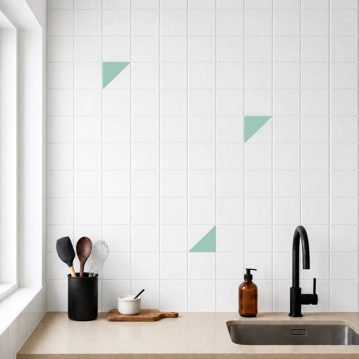 Azulejo Trigone Blanco 10x10 Verde Agua Brillo salpicado sobre un alicatado liso en una cocina