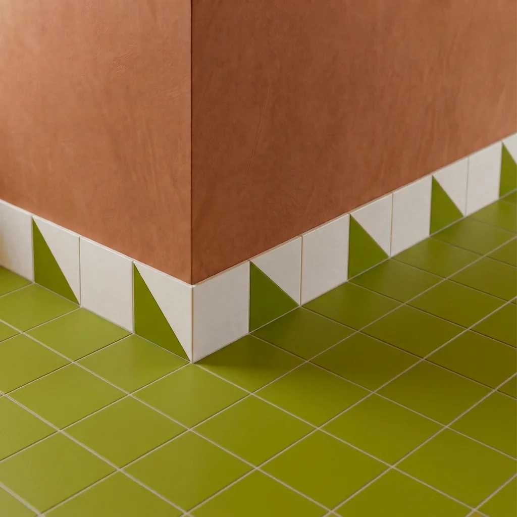 Azulejo Trigone Blanco 10x10 Verde Aguacate Brillo colocado como cenefa en un suelo