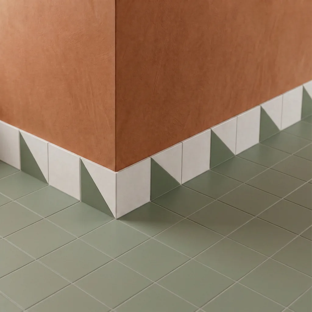 Azulejo Trigone Blanco 10x10 Verde Caqui Mate colocado como cenefa en un suelo