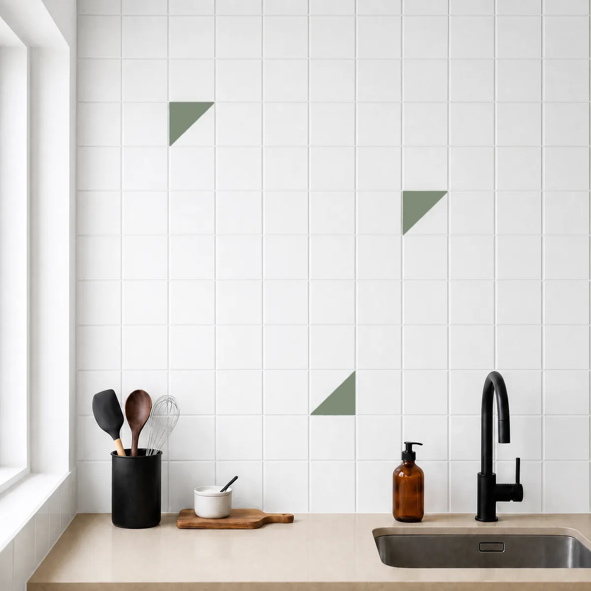Azulejo Trigone Blanco 10x10 Verde Caqui Mate salpicado sobre un alicatado liso en una cocina