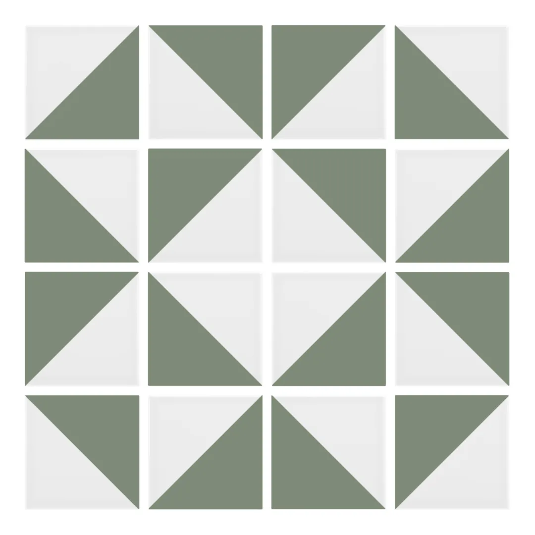 Patrón 3 de colocación de Azulejo Trigone Blanco 10x10 Verde Caqui Mate