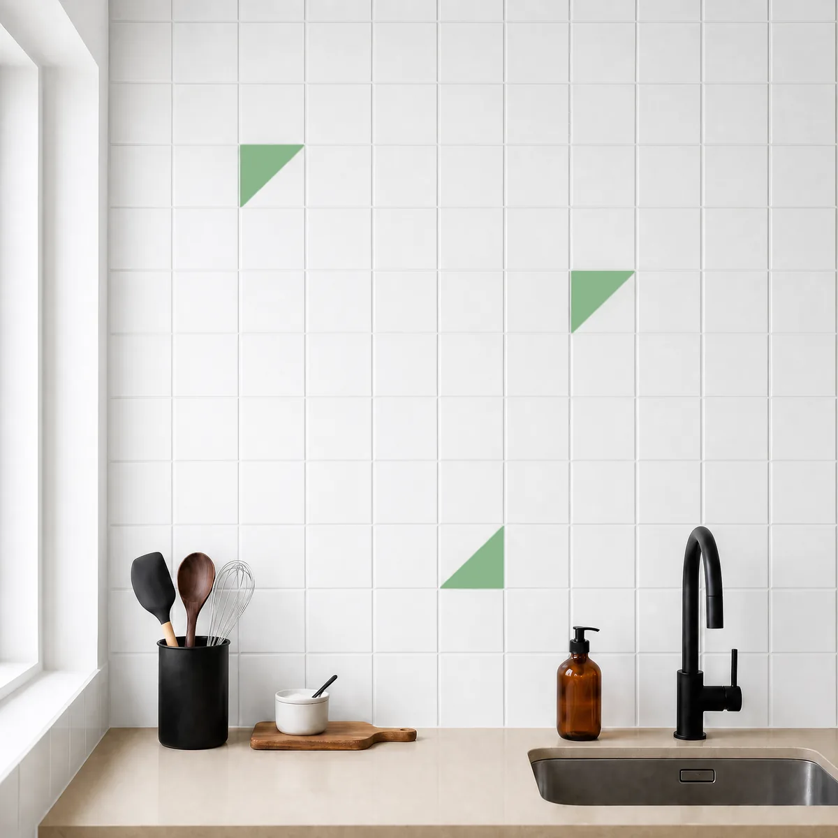 Azulejo Trigone Blanco 10x10 Verde Claro Brillo salpicado sobre un alicatado liso en una cocina