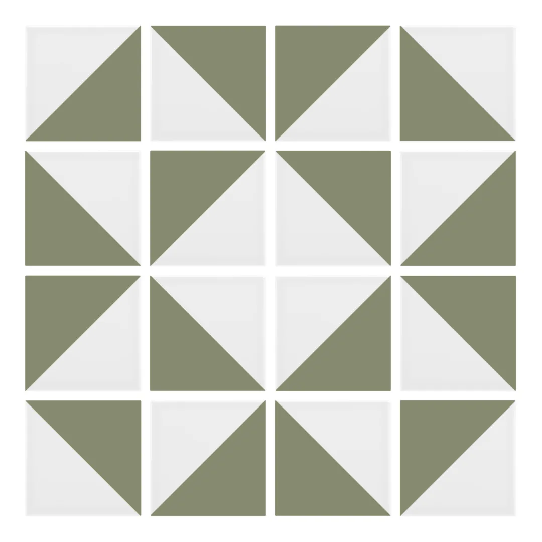 Patrón 3 de colocación de Azulejo Trigone Blanco 10x10 Verde Oliva Mate