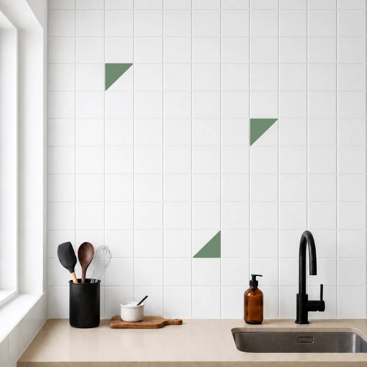 Azulejo Trigone Blanco 10x10 Verde Oscuro Brillo salpicado sobre un alicatado liso en una cocina