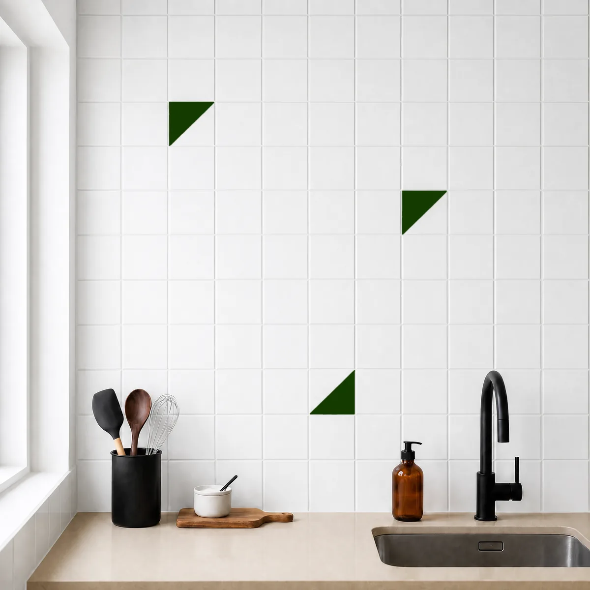 Azulejo Trigone Blanco 10x10 Verde Victoriano Brillo salpicado sobre un alicatado liso en una cocina