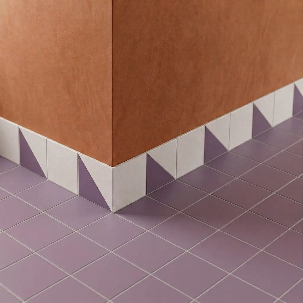 Azulejo Trigone Blanco 10x10 Violeta Mate colocado como cenefa en un suelo