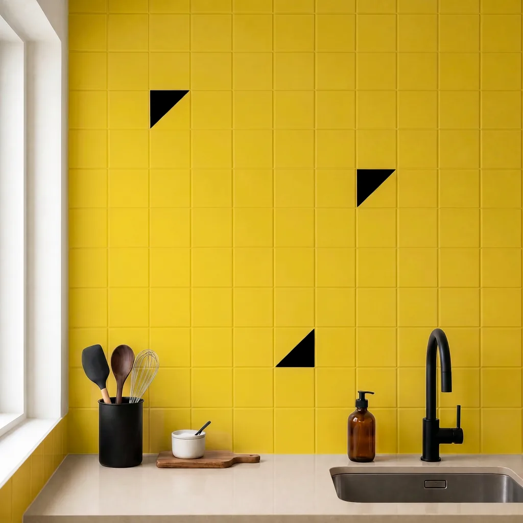 Azulejo Trigone Color 10x10 Amarillo Brillo salpicado sobre un alicatado liso en una cocina