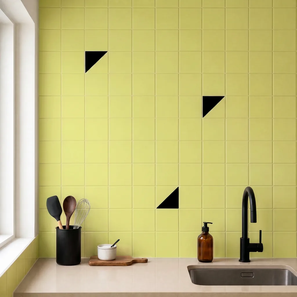 Azulejo Trigone Color 10x10 Amarillo Limón Mate salpicado sobre un alicatado liso en una cocina