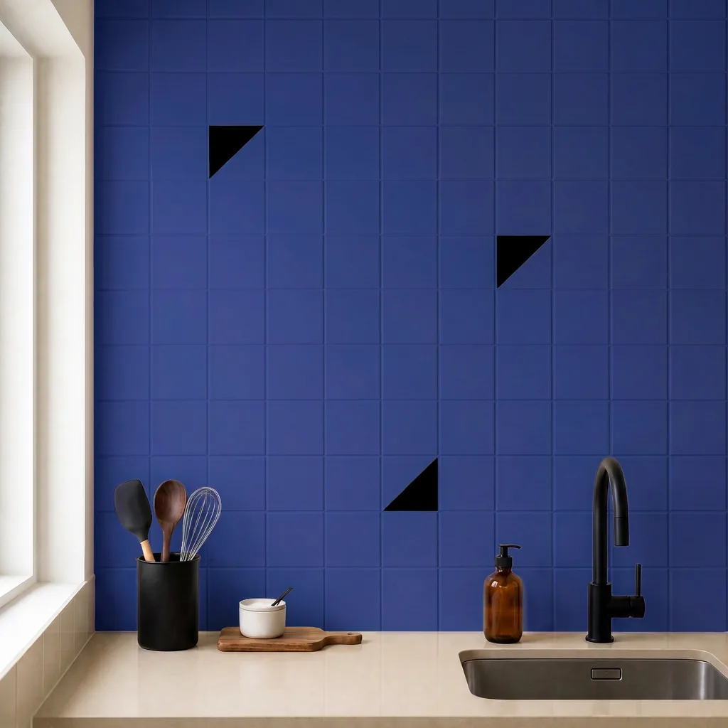 Azulejo Trigone Color 10x10 Azul Oscuro Brillo salpicado sobre un alicatado liso en una cocina