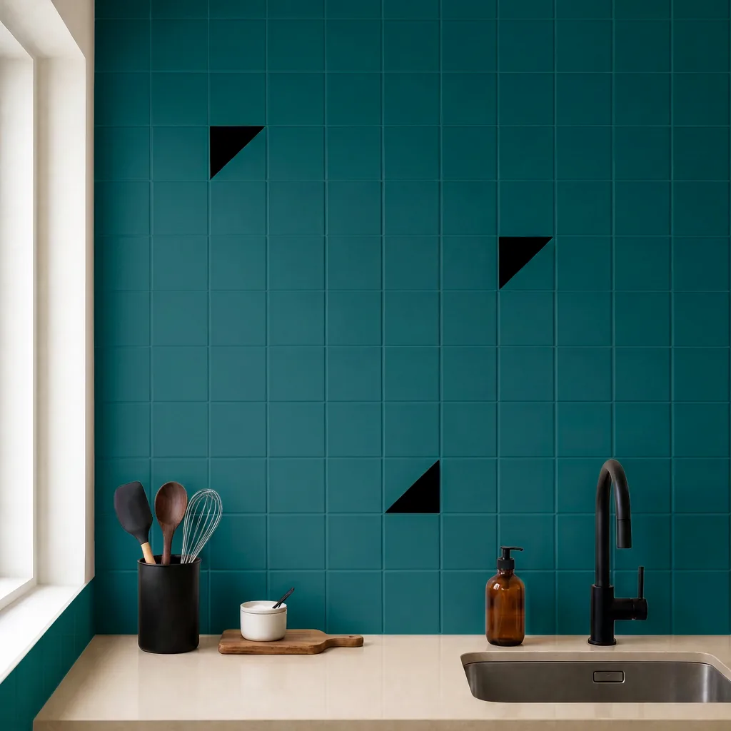Azulejo Trigone Color 10x10 Azul Turquesa Brillo salpicado sobre un alicatado liso en una cocina