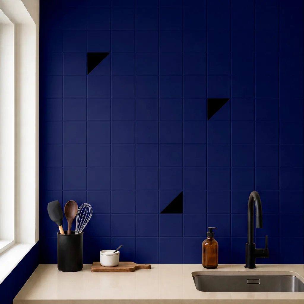 Azulejo Trigone Color 10x10 Azul Victoriano Brillo salpicado sobre un alicatado liso en una cocina