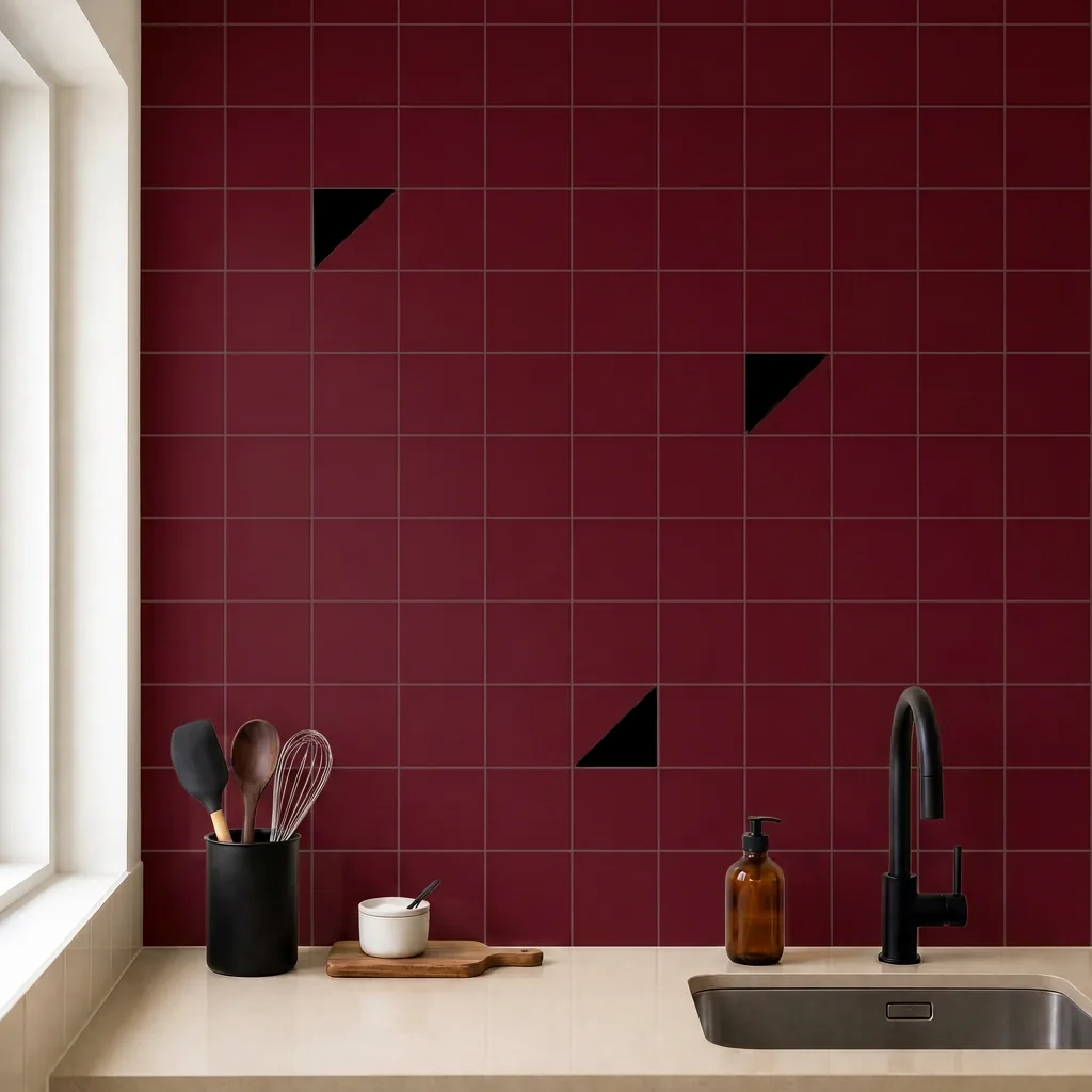 Azulejo Trigone Color 10x10 Burdeos Brillo salpicado sobre un alicatado liso en una cocina
