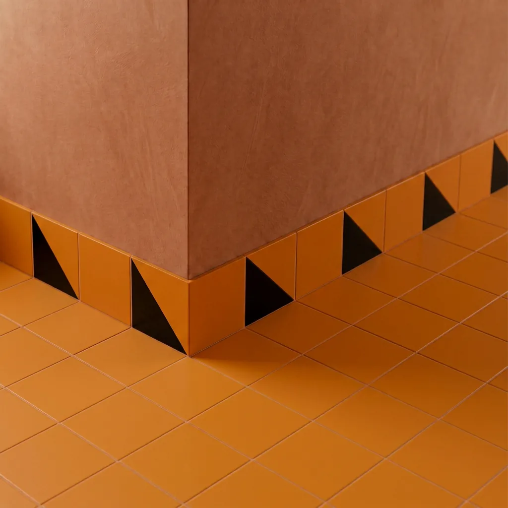 Azulejo Trigone Color 10x10 Naranja Brillo colocado como cenefa en un suelo
