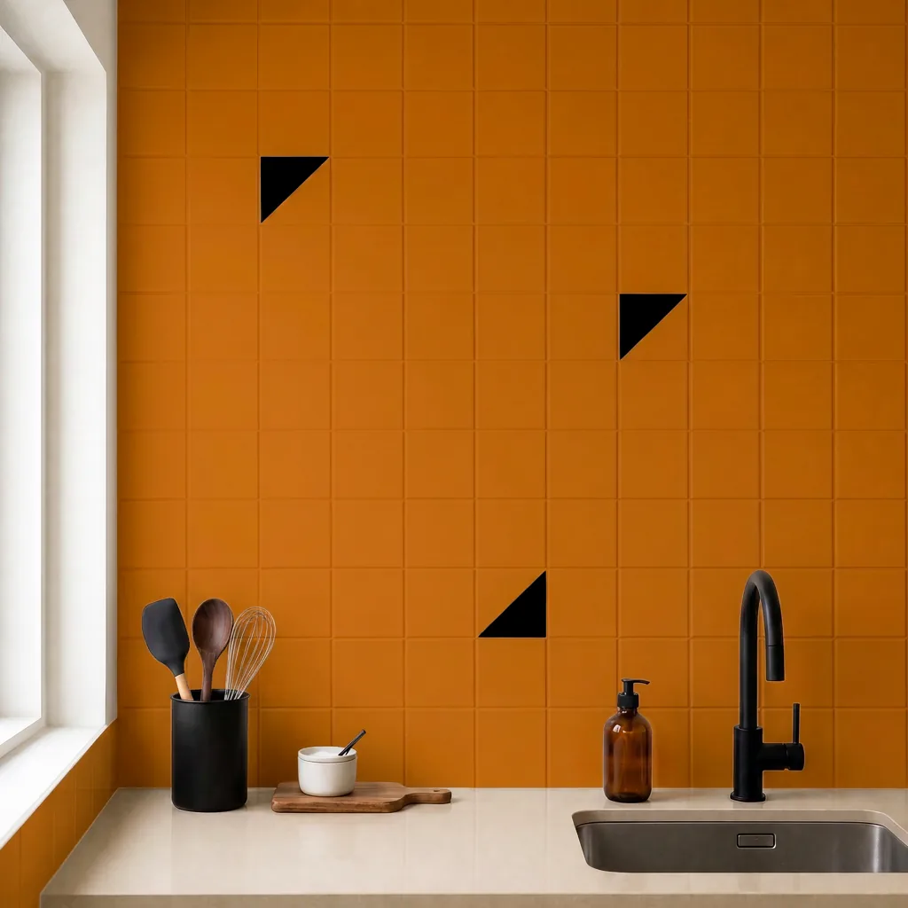 Azulejo Trigone Color 10x10 Naranja Brillo salpicado sobre un alicatado liso en una cocina