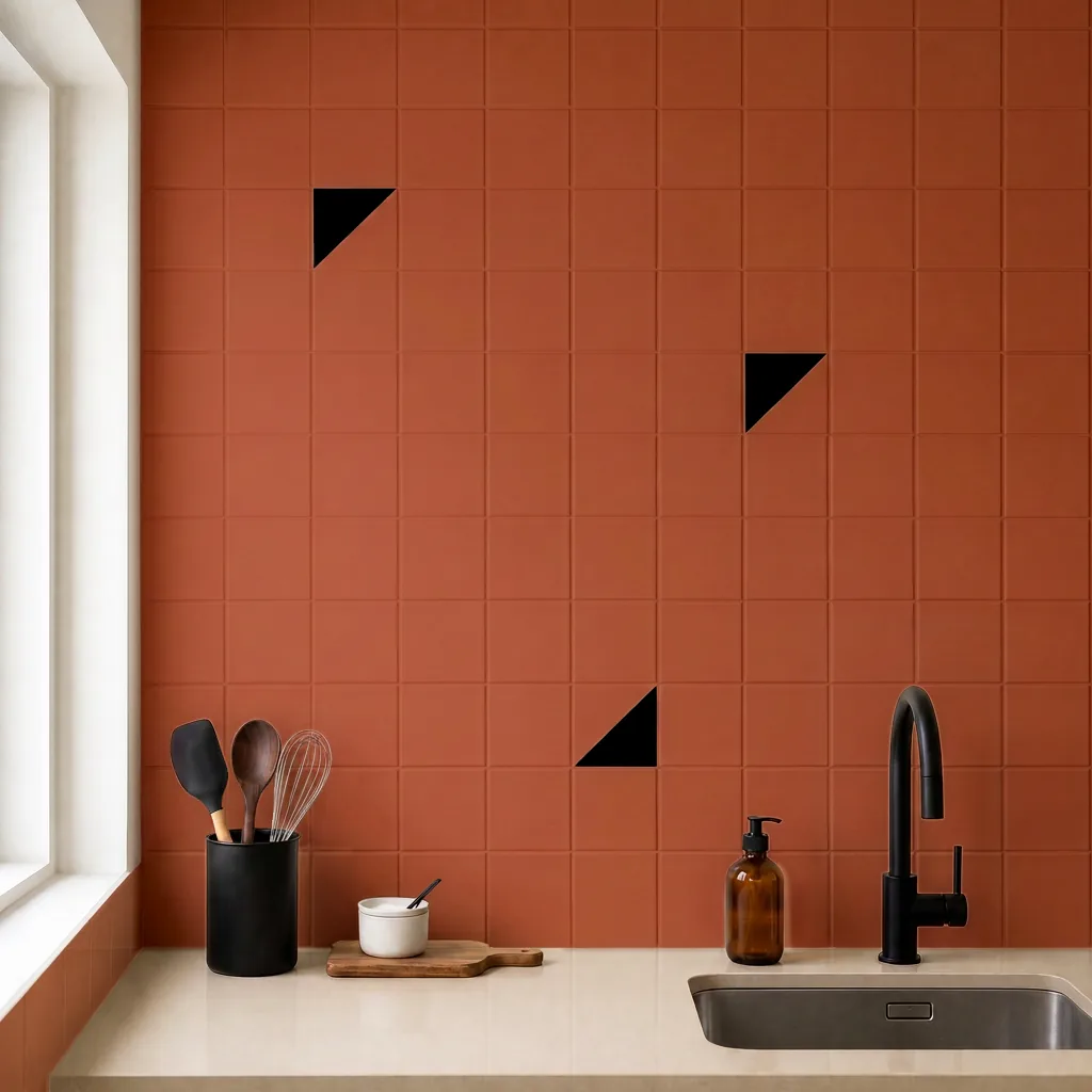 Azulejo Trigone Color 10x10 Naranja Coral Mate salpicado sobre un alicatado liso en una cocina