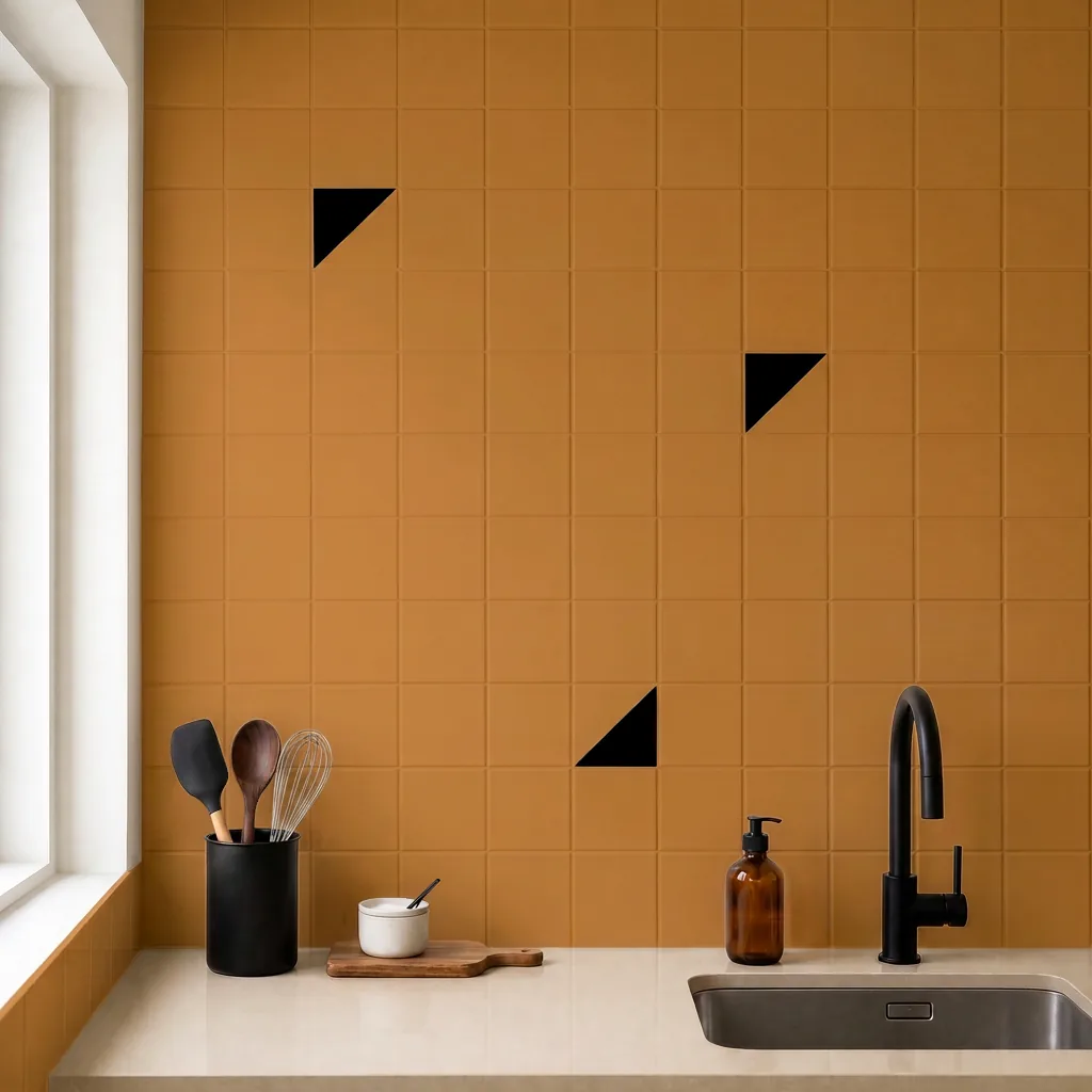 Azulejo Trigone Color 10x10 Naranja Mango Mate salpicado sobre un alicatado liso en una cocina