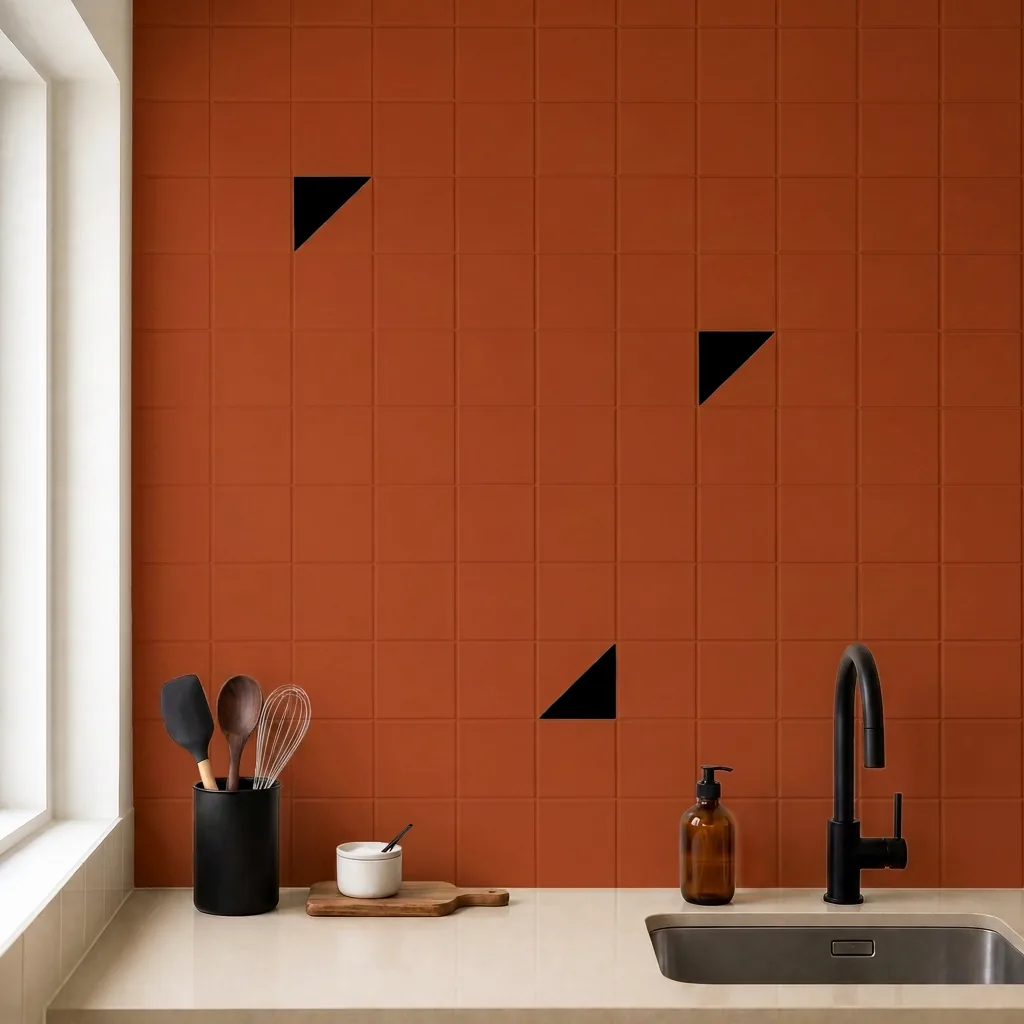 Azulejo Trigone Color 10x10 Naranja Oscuro Brillo salpicado sobre un alicatado liso en una cocina