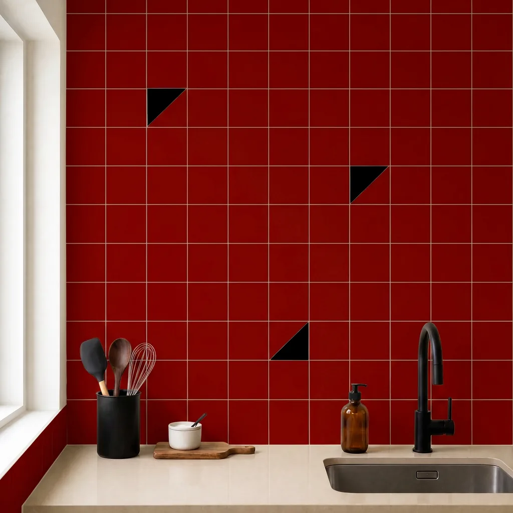 Azulejo Trigone Color 10x10 Rojo Brillo salpicado sobre un alicatado liso en una cocina