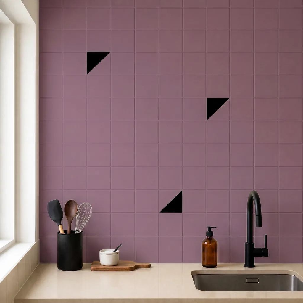 Azulejo Trigone Color 10x10 Rosa Malva Mate salpicado sobre un alicatado liso en una cocina
