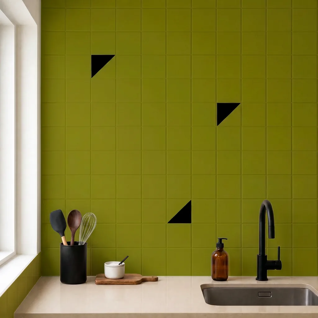Azulejo Trigone Color 10x10 Verde Aguacate Brillo salpicado sobre un alicatado liso en una cocina