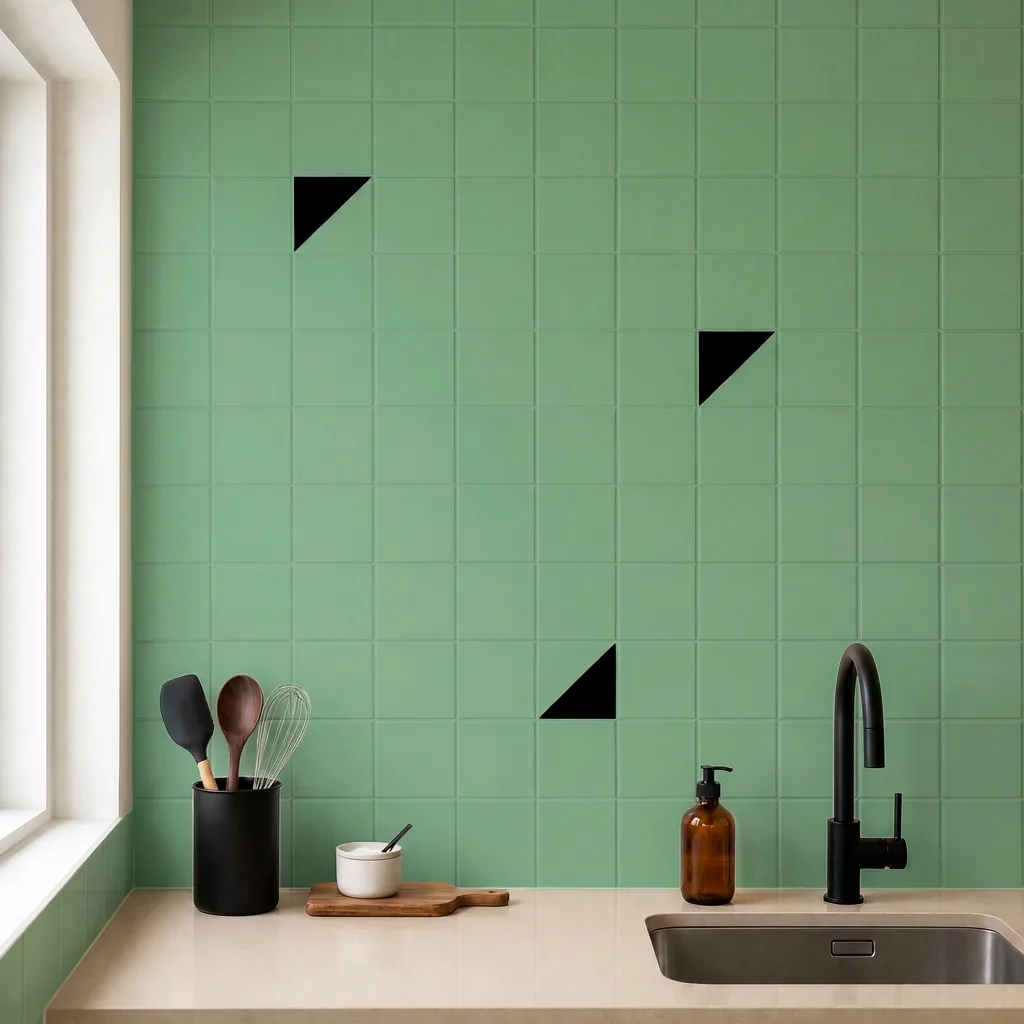 Azulejo Trigone Color 10x10 Verde Claro Brillo salpicado sobre un alicatado liso en una cocina