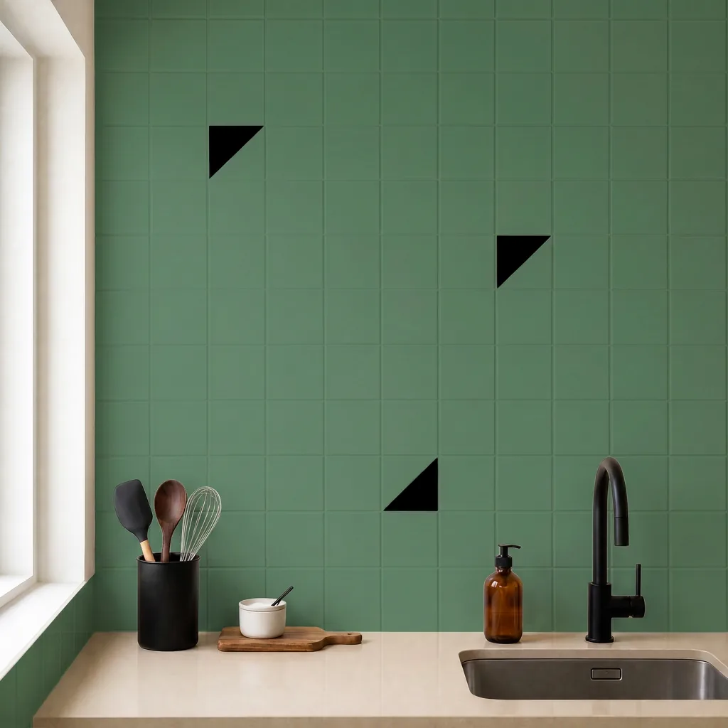 Azulejo Trigone Color 10x10 Verde Mate salpicado sobre un alicatado liso en una cocina
