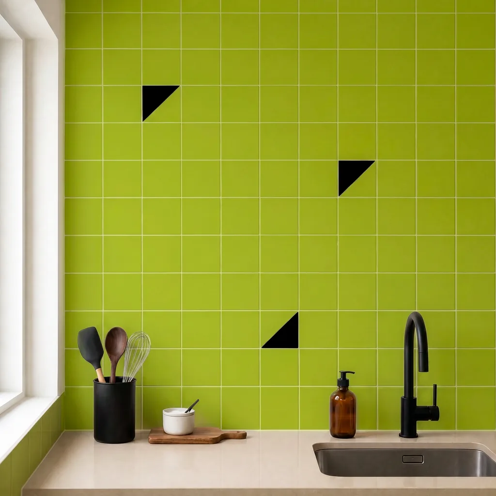 Azulejo Trigone Color 10x10 Verde Musgo Brillo salpicado sobre un alicatado liso en una cocina