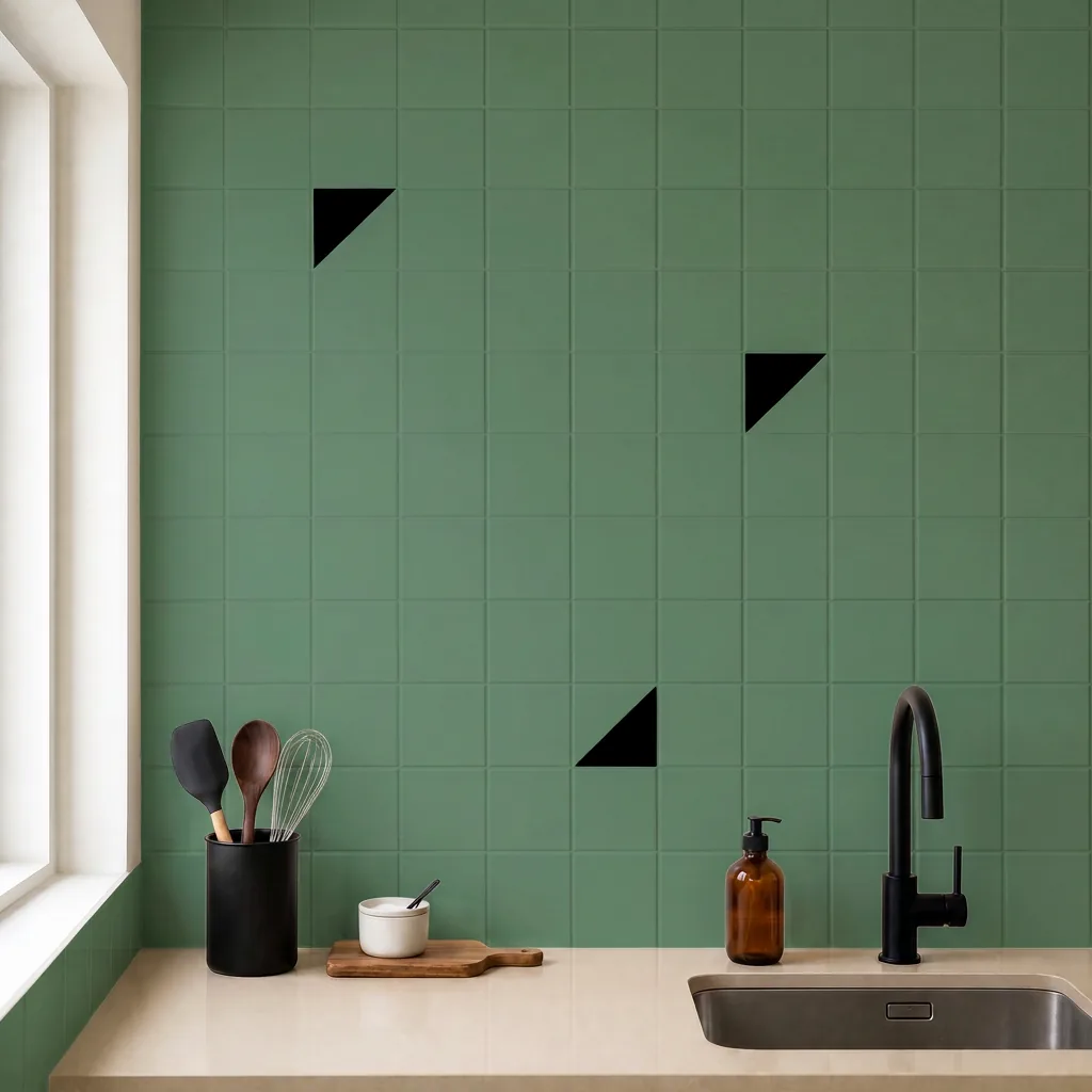 Azulejo Trigone Color 10x10 Verde Oscuro Brillo salpicado sobre un alicatado liso en una cocina