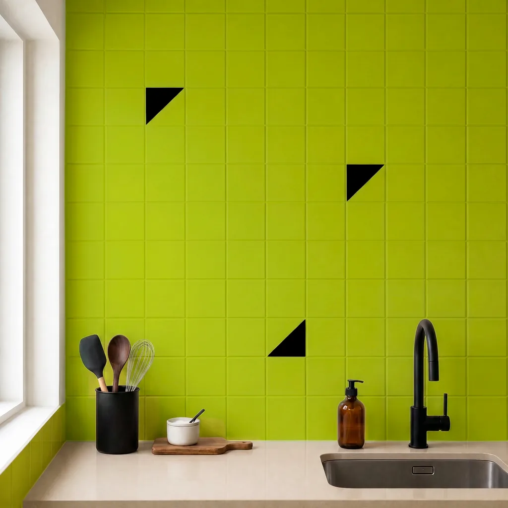 Azulejo Trigone Color 10x10 Verde Pistacho Brillo salpicado sobre un alicatado liso en una cocina