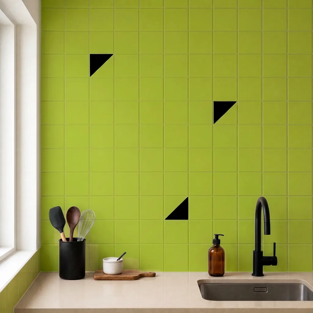 Azulejo Trigone Color 10x10 Verde Pistacho Mate salpicado sobre un alicatado liso en una cocina