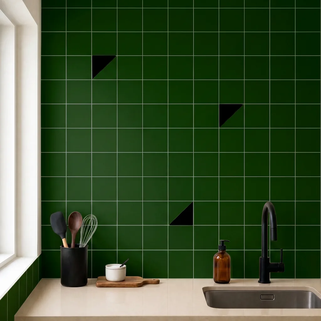 Azulejo Trigone Color 10x10 Verde Victoriano Brillo salpicado sobre un alicatado liso en una cocina