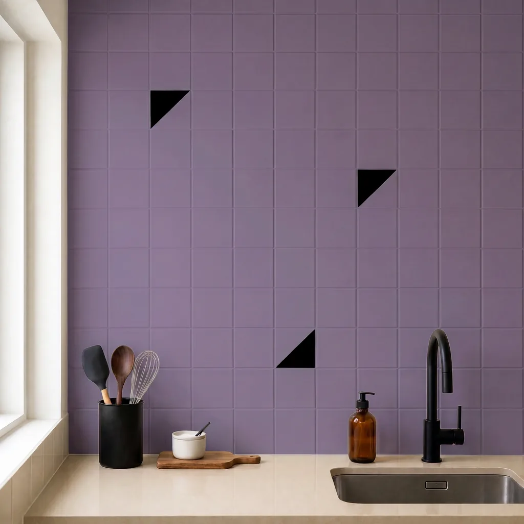 Azulejo Trigone Color 10x10 Violeta Mate salpicado sobre un alicatado liso en una cocina