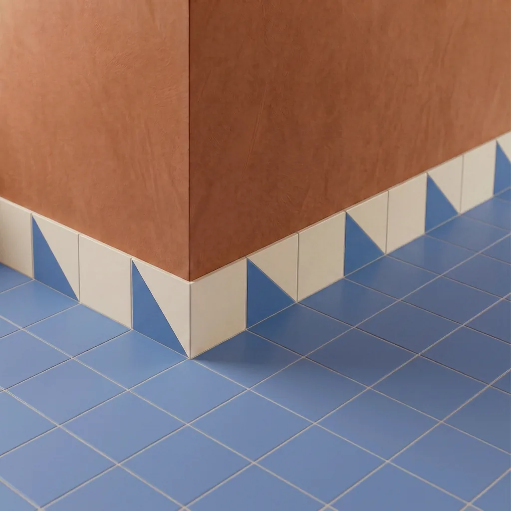 Azulejo Trigone Crema 10x10 Azul Cielo Mate colocado como cenefa en un suelo