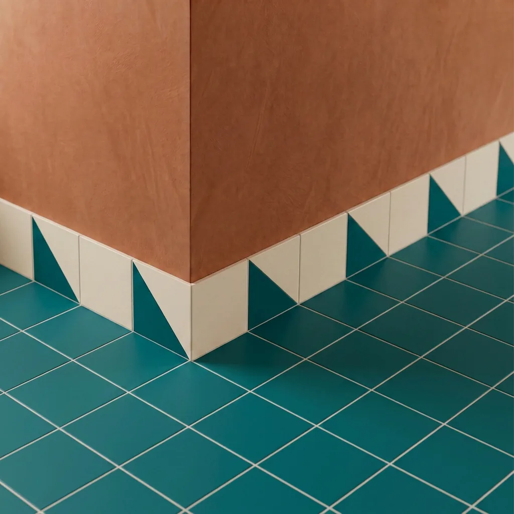 Azulejo Trigone Crema 10x10 Azul Turquesa Brillo colocado como cenefa en un suelo