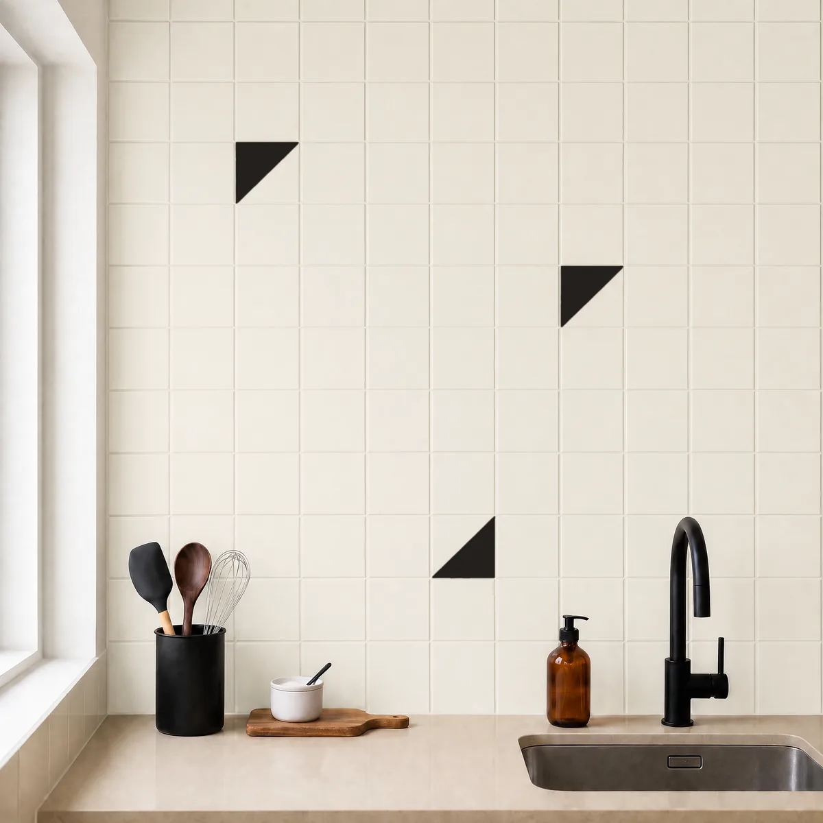 Azulejo Trigone Crema 10x10 Gris Oscuro Brillo salpicado sobre un alicatado liso en una cocina