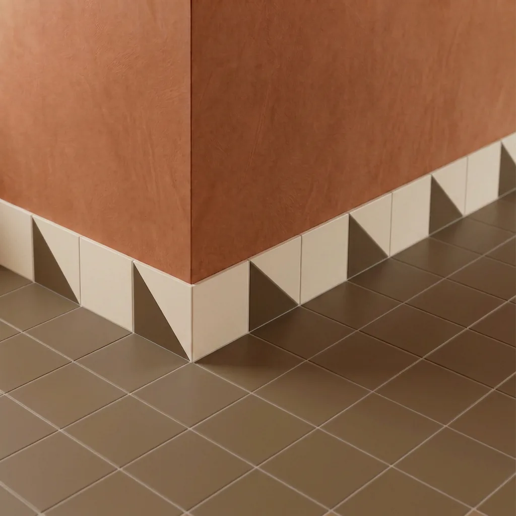Azulejo Trigone Crema 10x10 Marrón Caramelo Mate colocado como cenefa en un suelo