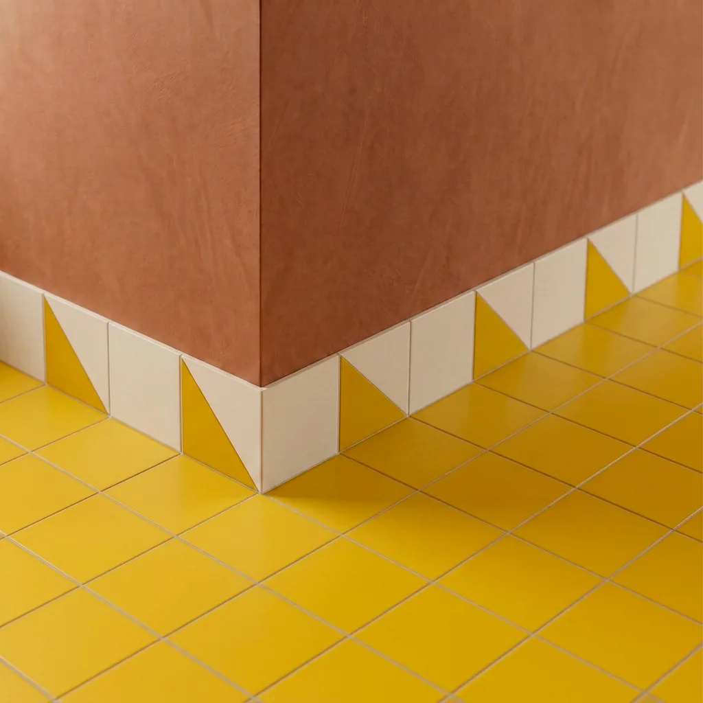 Azulejo Trigone Crema 10x10 Mostaza Brillo colocado como cenefa en un suelo