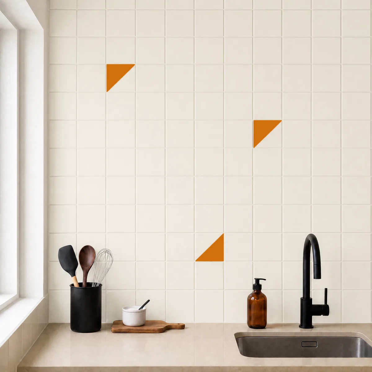 Azulejo Trigone Crema 10x10 Naranja Brillo salpicado sobre un alicatado liso en una cocina