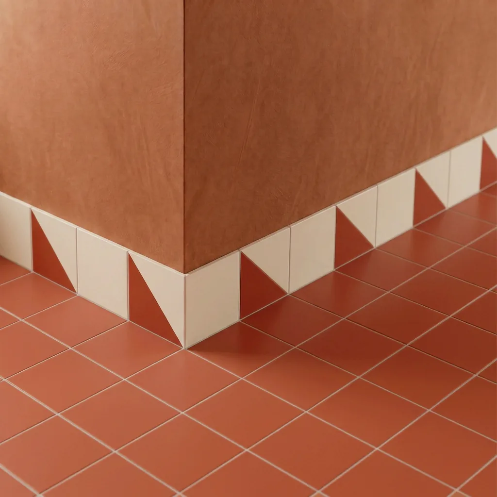 Azulejo Trigone Crema 10x10 Naranja Coral Mate colocado como cenefa en un suelo