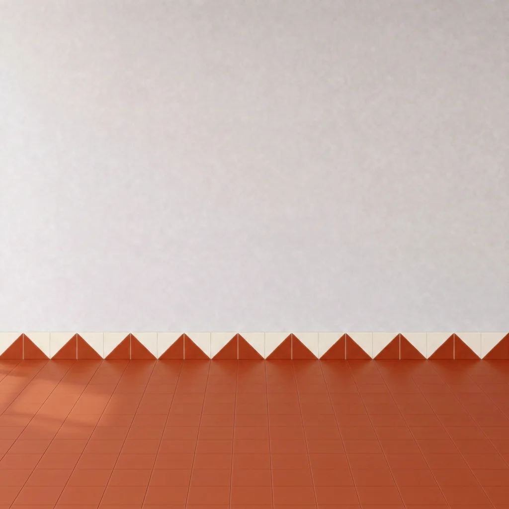 Azulejo Trigone Crema 10x10 Naranja Coral Mate formando una banda decorativa en una pared