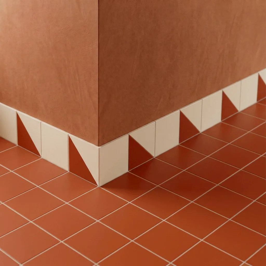 Azulejo Trigone Crema 10x10 Naranja Oscuro Brillo colocado como cenefa en un suelo