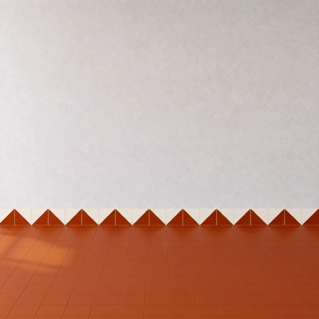 Azulejo Trigone Crema 10x10 Naranja Oscuro Brillo formando una banda decorativa en una pared