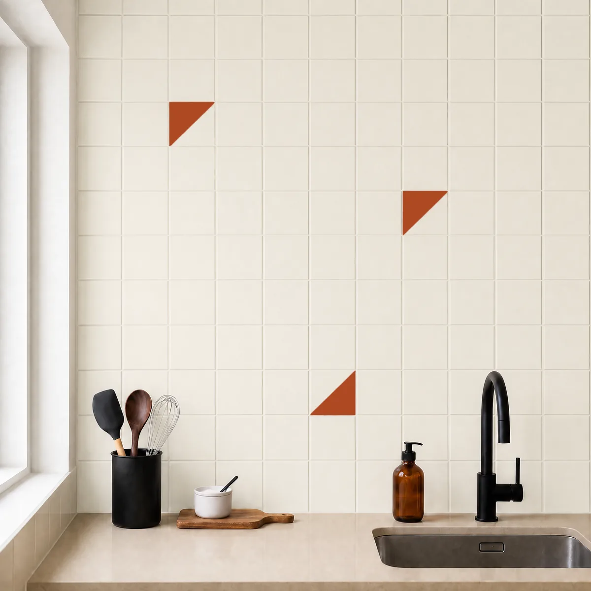 Azulejo Trigone Crema 10x10 Naranja Oscuro Brillo salpicado sobre un alicatado liso en una cocina