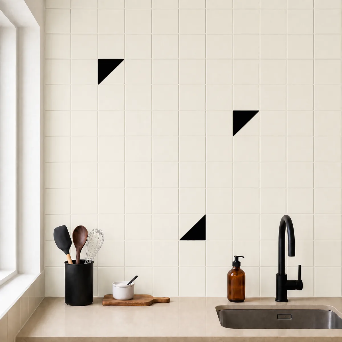 Azulejo Trigone Crema 10x10 Negro Brillo salpicado sobre un alicatado liso en una cocina