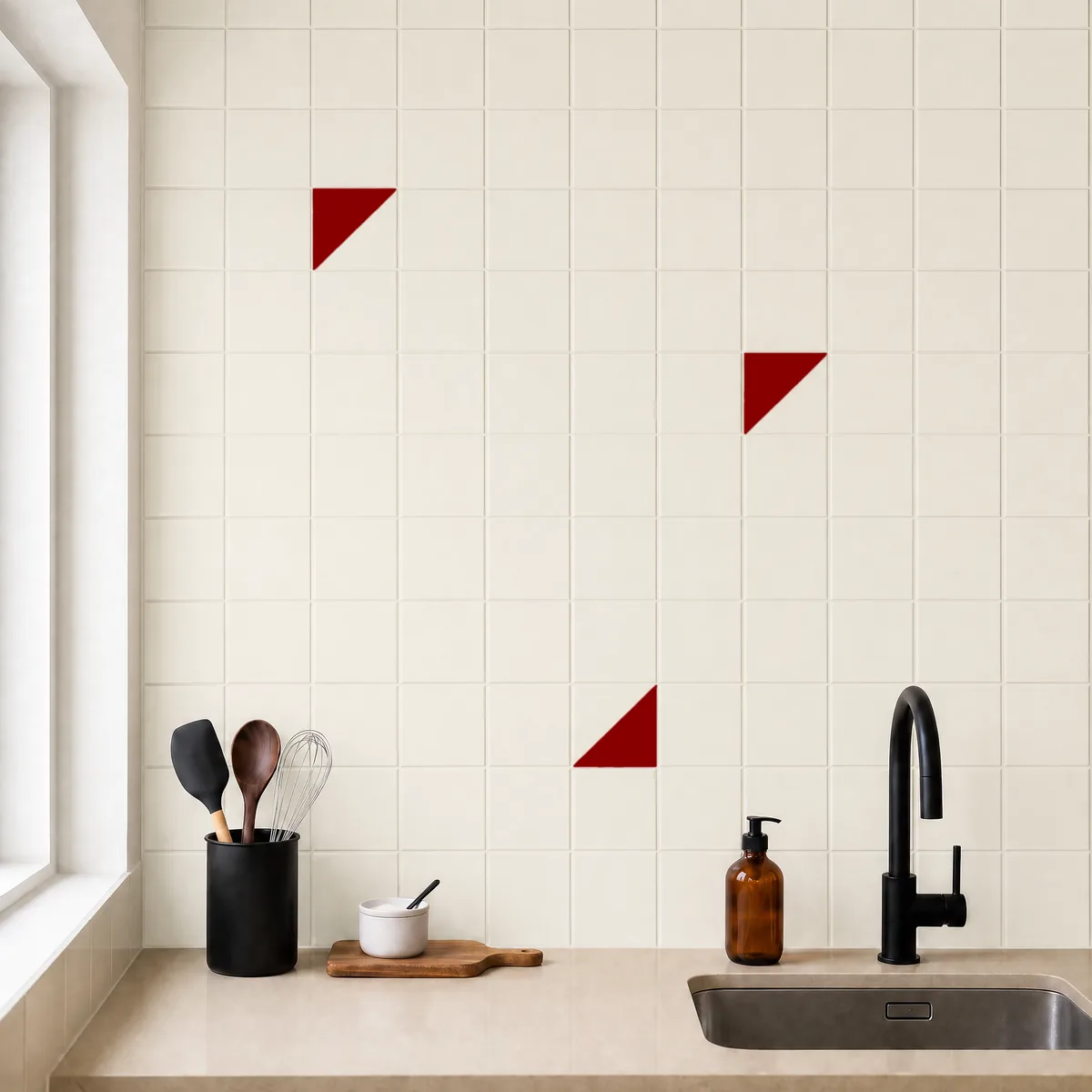 Azulejo Trigone Crema 10x10 Rojo Brillo salpicado sobre un alicatado liso en una cocina