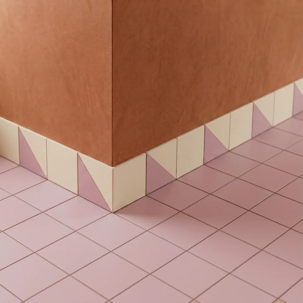 Azulejo Trigone Crema 10x10 Rosa Brillo colocado como cenefa en un suelo