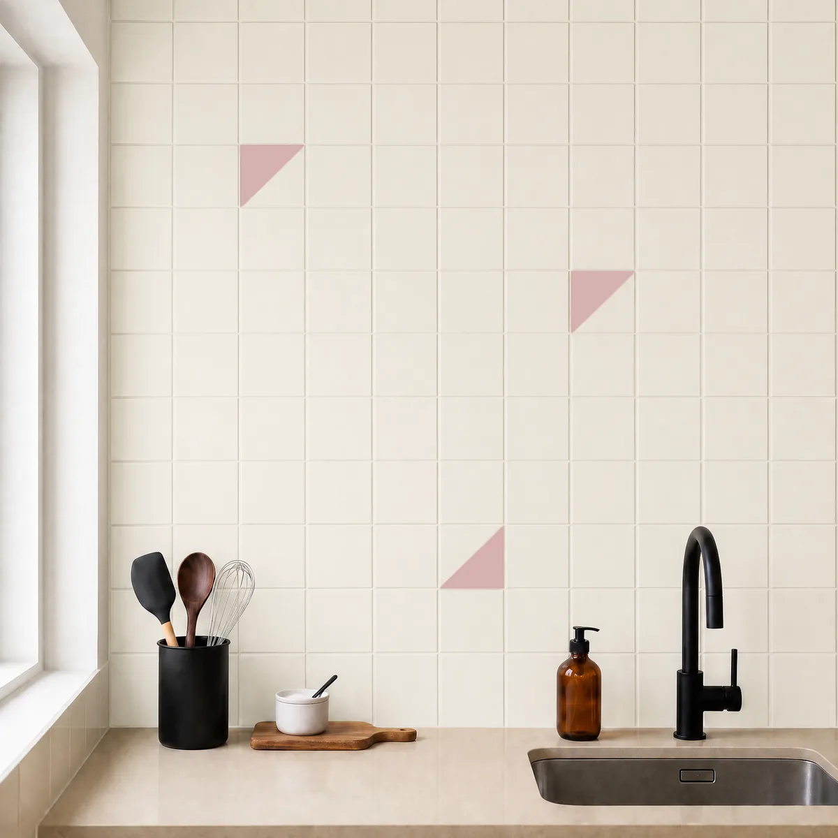 Azulejo Trigone Crema 10x10 Rosa Brillo salpicado sobre un alicatado liso en una cocina